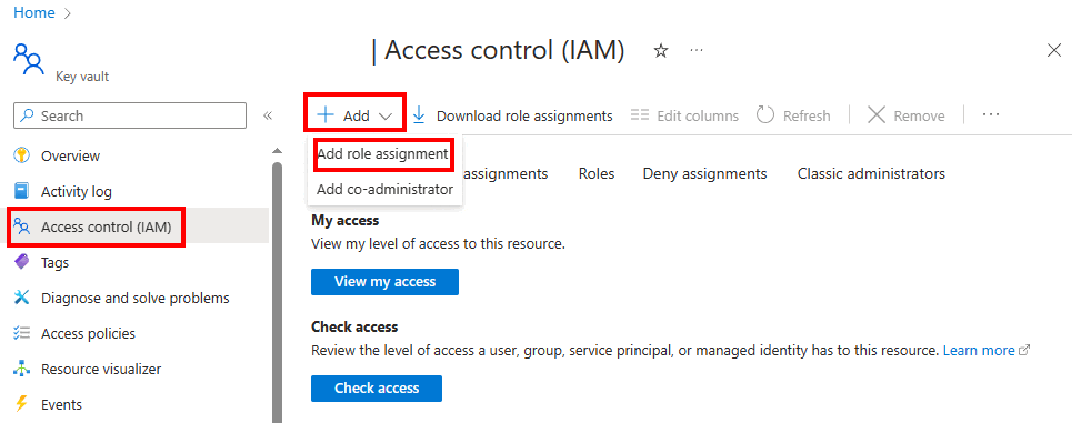 Screenshot del pulsante Aggiungi assegnazione di ruolo nel riquadro Controllo di accesso (IAM) nel portale di Azure.