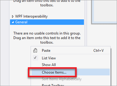 Screenshot della casella degli strumenti di Visual Studio, con l'opzione 