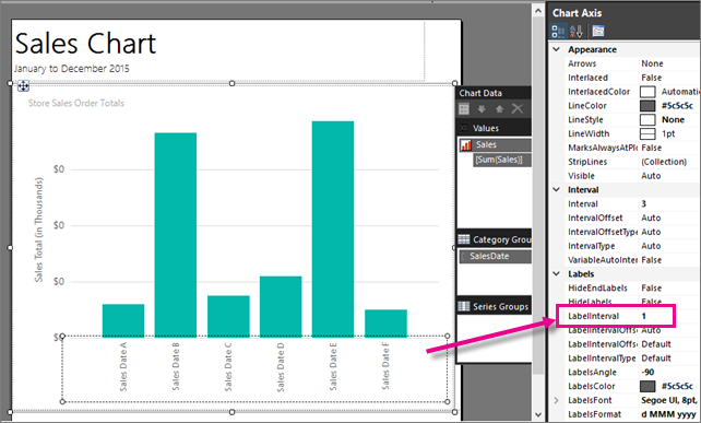 Screenshot del grafico a colonne di Generatore report che mostra come impostare l'intervallo di etichette.
