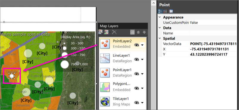 Screenshot che mostra come aggiungere un punto personalizzato alla mappa di Generatore report.