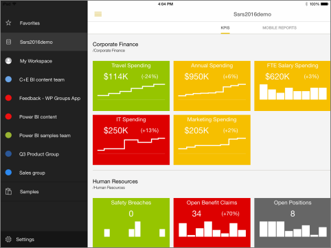 Screenshot of the interface for the Power BI Mobile app for iOS.