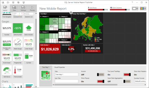Screenshot of the SQL Server Mobile Report Publisher interface.