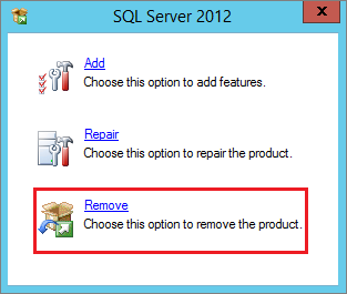 Screenshot che mostra come rimuovere un SQL Server.