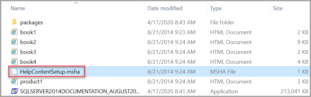 Screenshot of SQL Server 2014 Help documentation setup file.