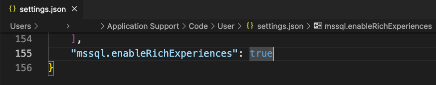 Screenshot per abilitare le nuove funzionalità usando il file JSON delle impostazioni utente.