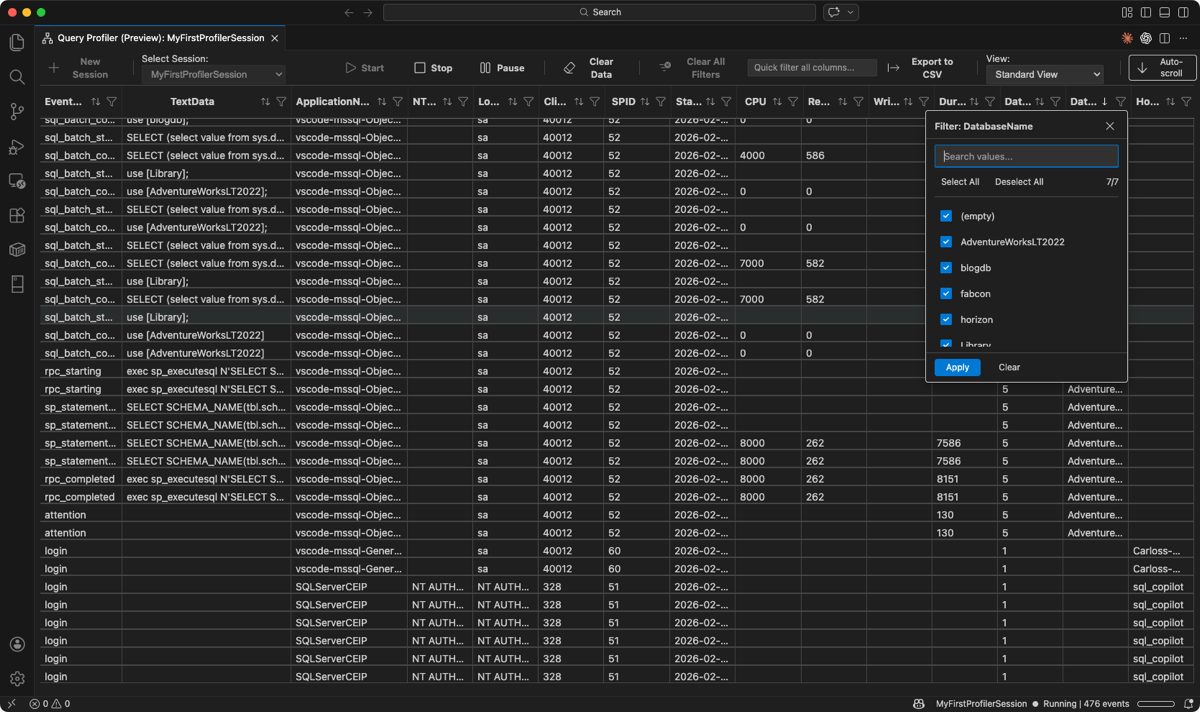 Screenshot del filtro di colonna DatabaseName che mostra un elenco di caselle di controllo dei database disponibili.