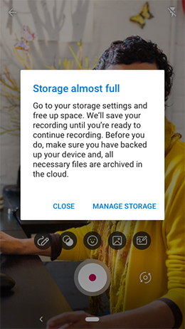 Messaggio completo di archiviazione durante la registrazione in Android.