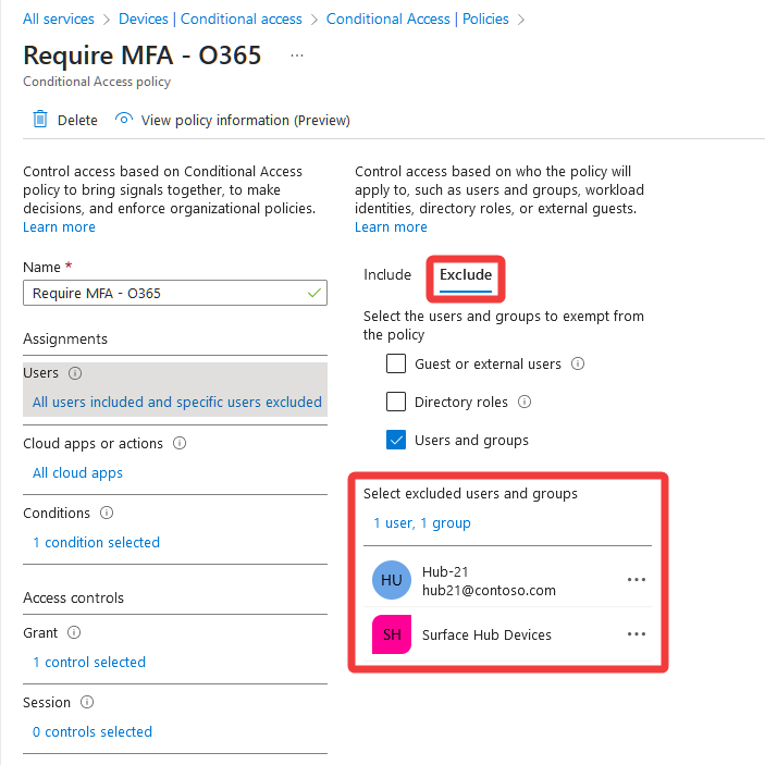 Immagine che mostra come escludere l'account del dispositivo Surface Hub da un criterio di accesso condizionale.