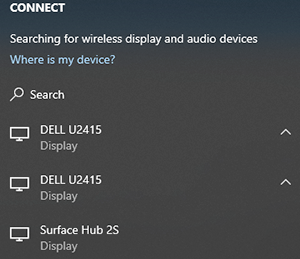 Screenshot che mostra il modo in cui Check Surface Hub viene visualizzato come connessione disponibile durante la proiezione.