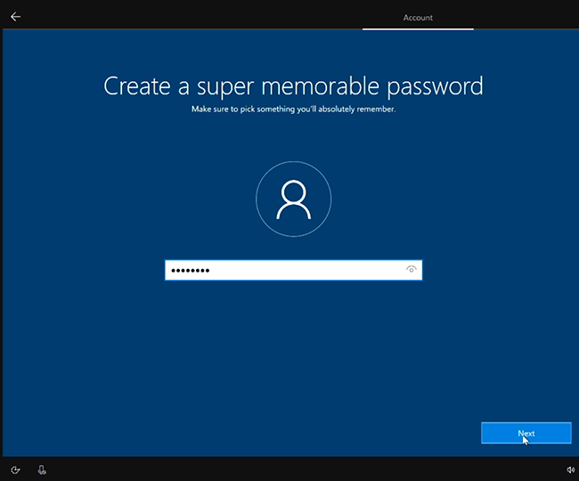 Questo screenshot mostra il campo per immettere una password memorabile per l'account amministratore locale.