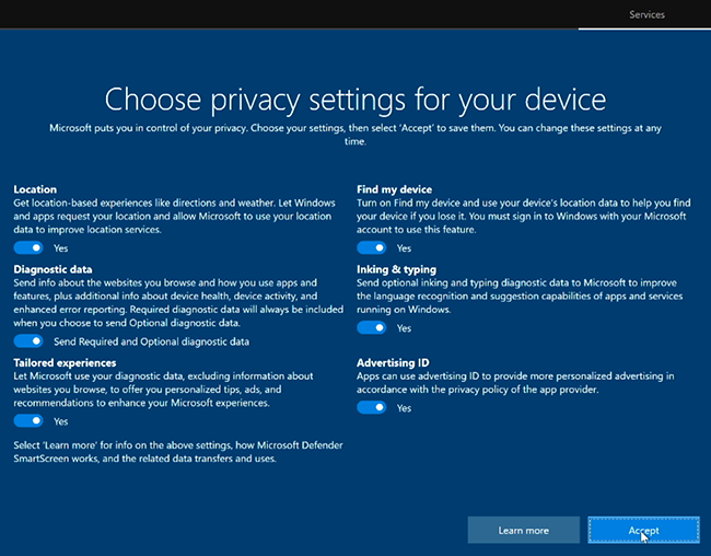 Questo screenshot mostra la finestra di dialogo per scegliere le impostazioni di privacy.