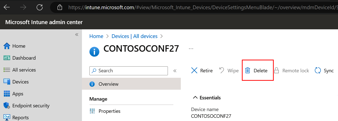 Screenshot che mostra la rimozione di Surface Hub 2S da Intune.