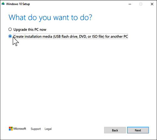 Screenshot che mostra l'opzione per creare supporti di installazione.
