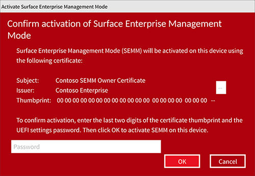 Screenshot che mostra la finestra di dialogo conferma attivazione in cui immettere l'identificazione personale del certificato a due caratteri e la password delle impostazioni UEFI.