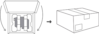 Immagine che mostra come posizionare la cartuccia di calcolo precedente e la relativa confezione nella scatola usata per la cartuccia di calcolo sostitutiva. Richiudere la scatola.