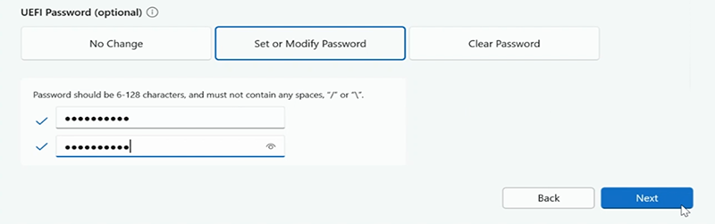 Screenshot di Set UEFI password for Surface Hub (Imposta password UEFI per Surface Hub).