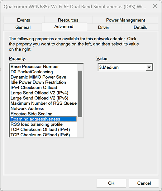 Screenshot che mostra le impostazioni di aggressività mobili in un adattatore Qualcomm Wi-Fi.