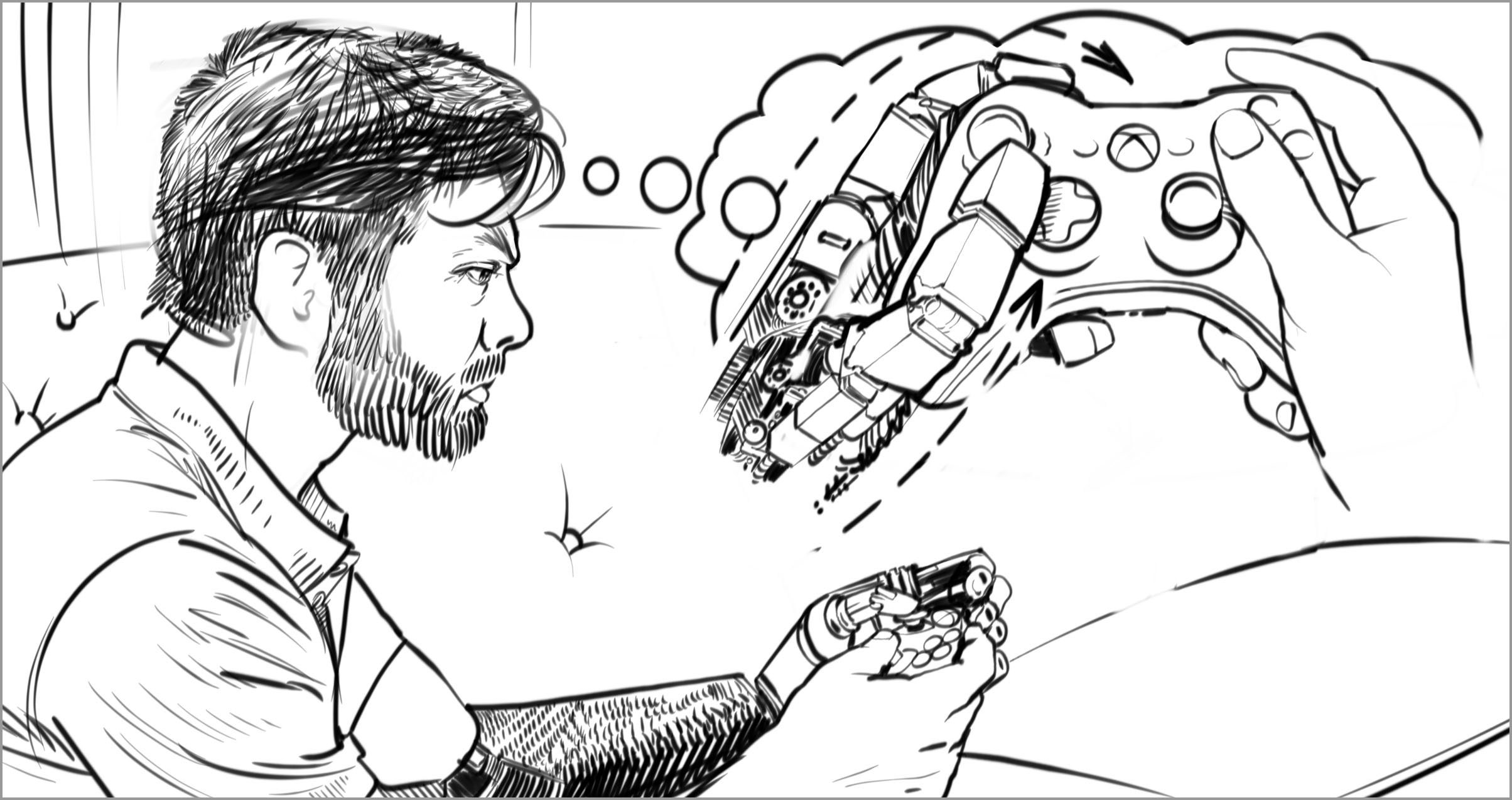 Una persona pensa se può premere un pulsante su un controller Xbox con la mano protesica. Sembrano frustrati.