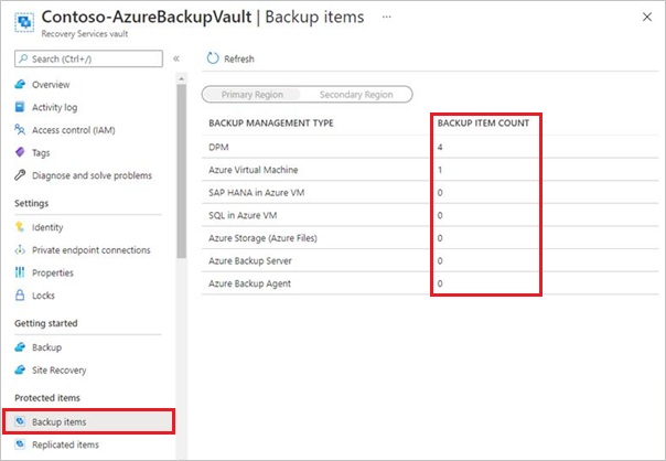 Screenshot degli elementi di backup dell'insieme di credenziali di ripristino.