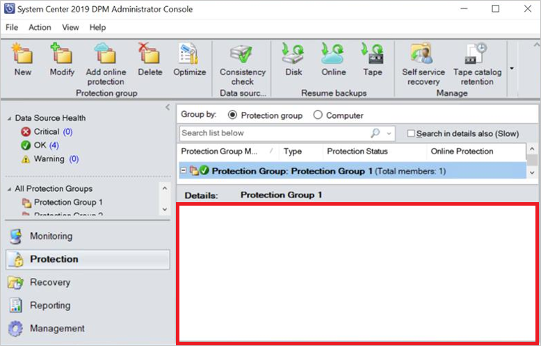 console senza dettagli per il gruppo di protezione