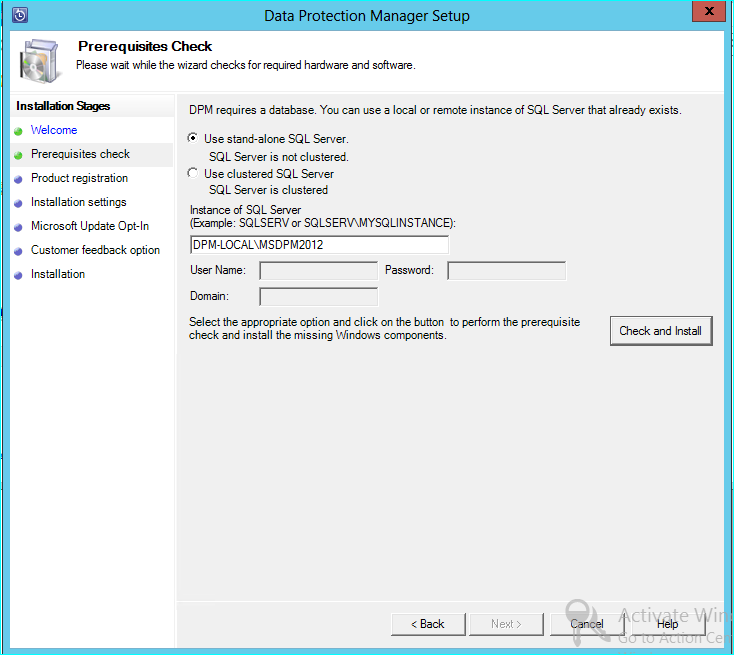 Screenshot che mostra la pagina di installazione di DPM.