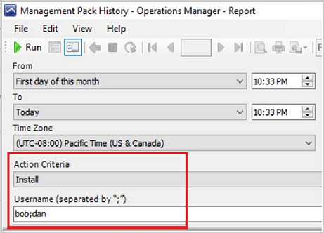 Screenshot della cronologia del Management Pack.
