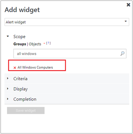 Screenshot che mostra Set criteria for Alert widget (Imposta criteri per il widget Avviso).
