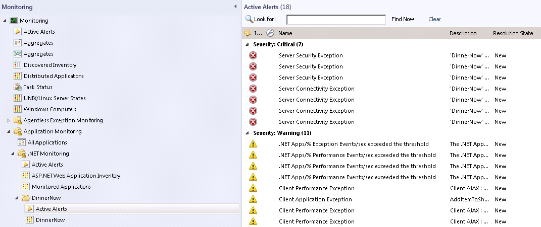 Screenshot che mostra Visualizza avvisi per gruppo di applicazioni.