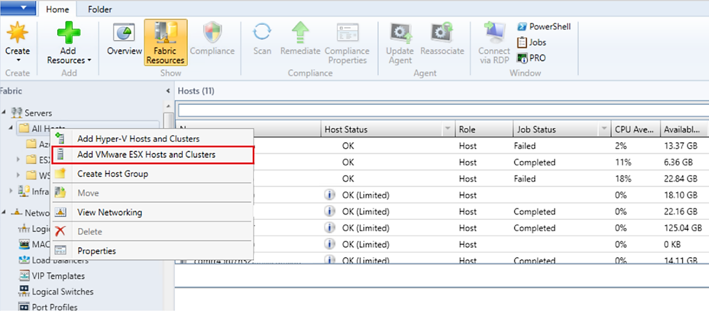 Screenshot dell'aggiunta di host e cluster VMware ESX.