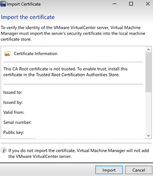 Screenshot della pagina del certificato di importazione.
