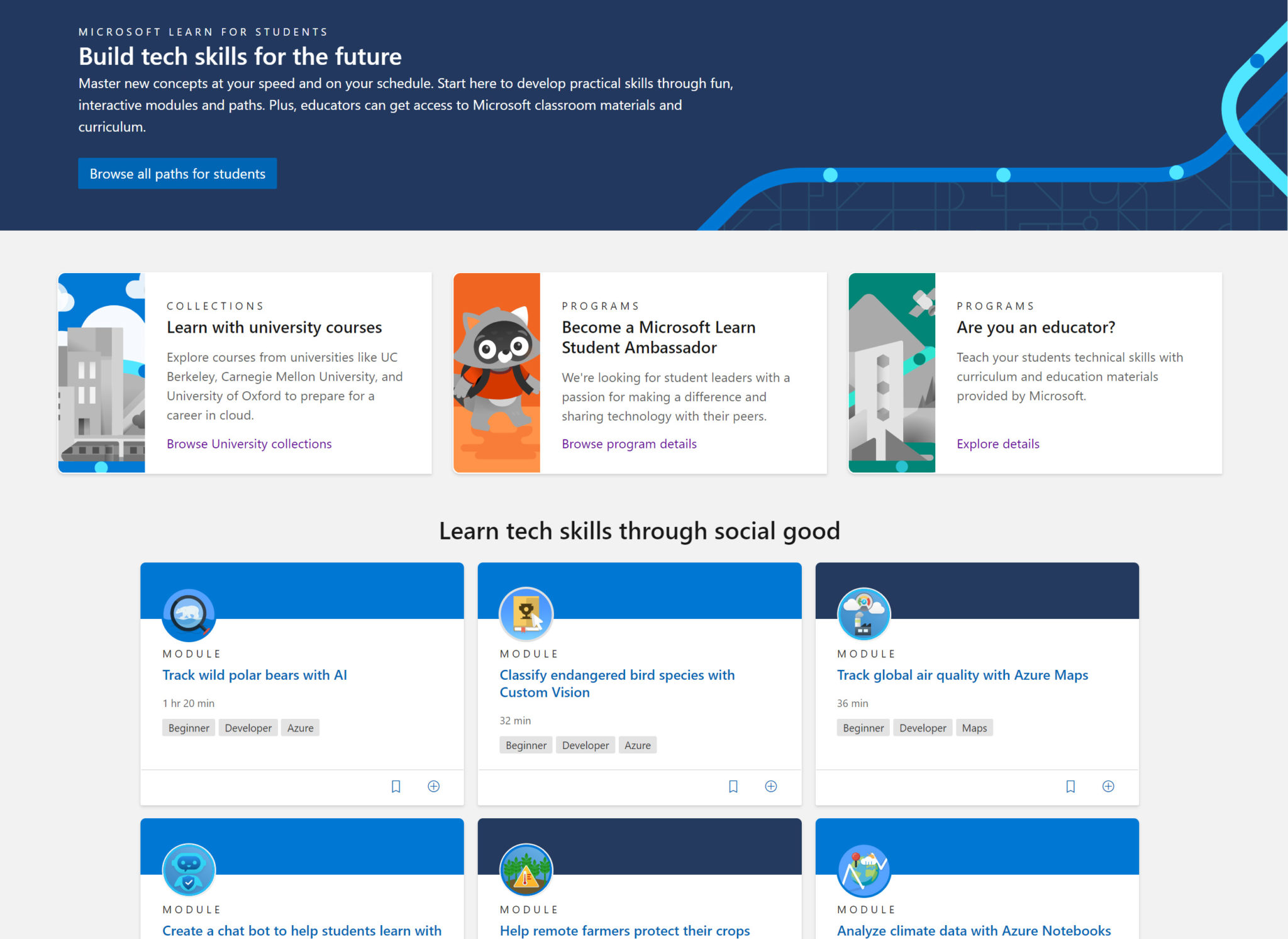 Home page degli studenti di Microsoft Learn.
