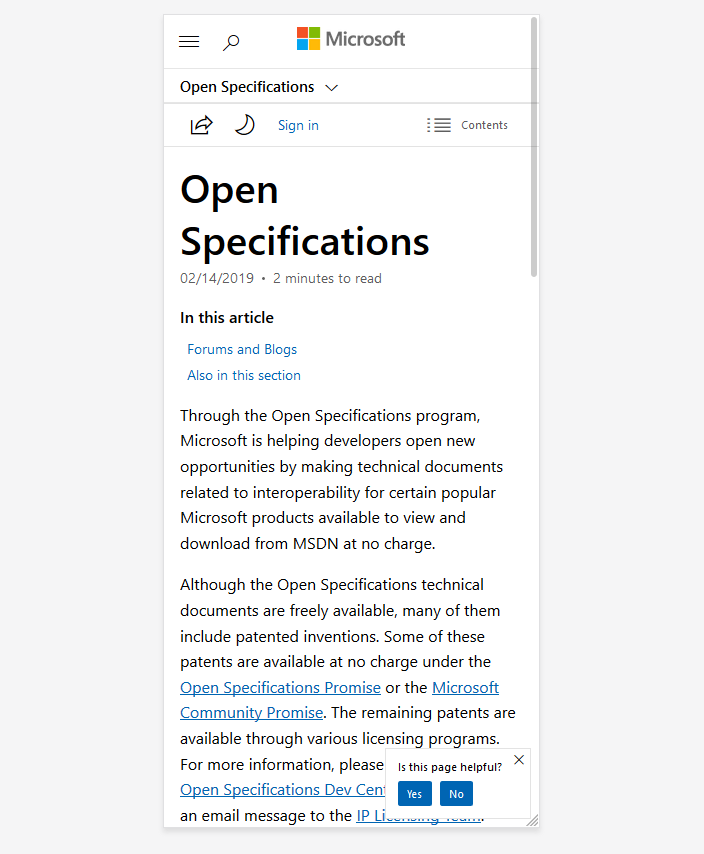 Progettazione reattiva per la documentazione Open Specifications