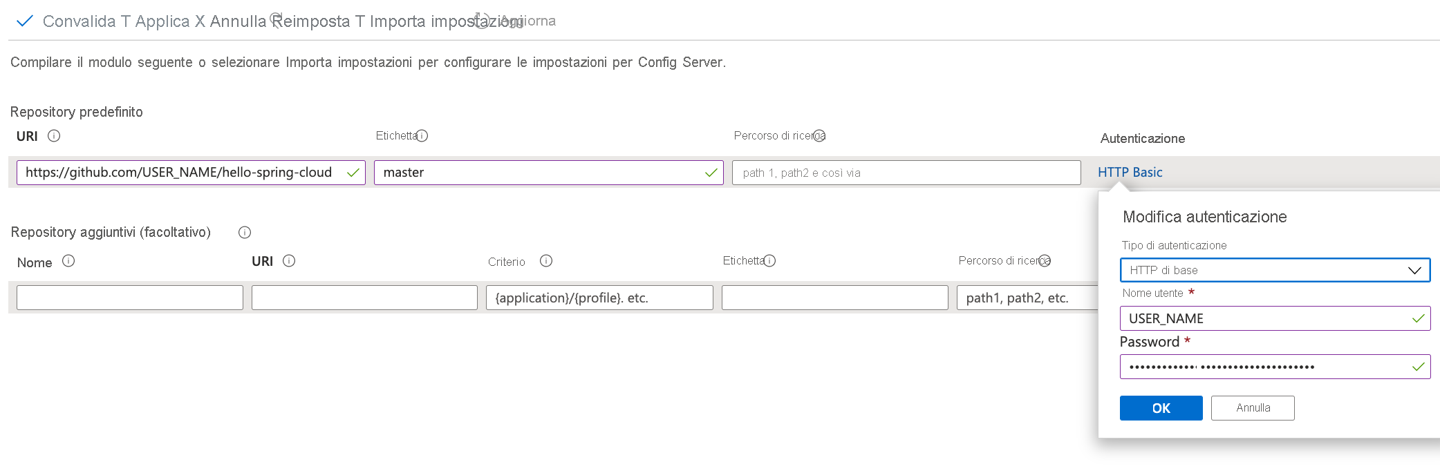 Screenshot delle impostazioni del server di configurazione Spring Cloud.