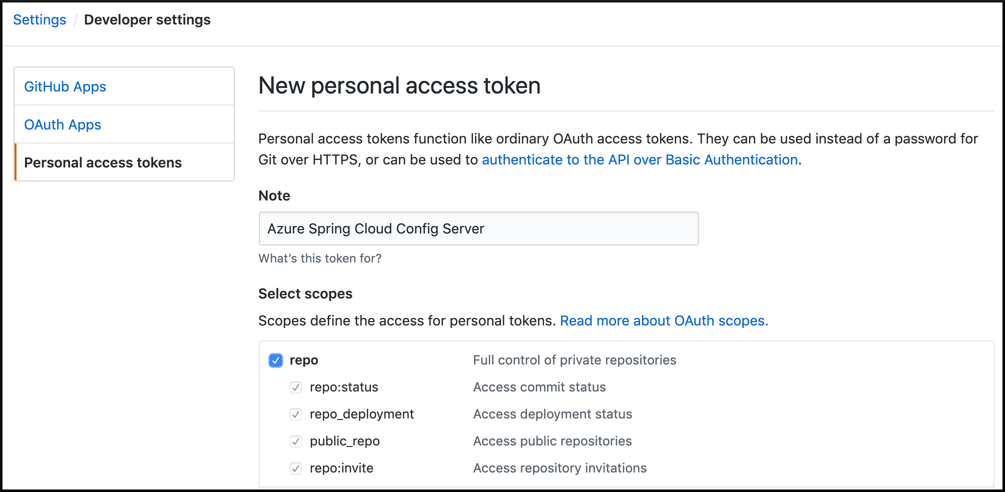 Screenshot che mostra le impostazioni del token di accesso personale di GitHub.