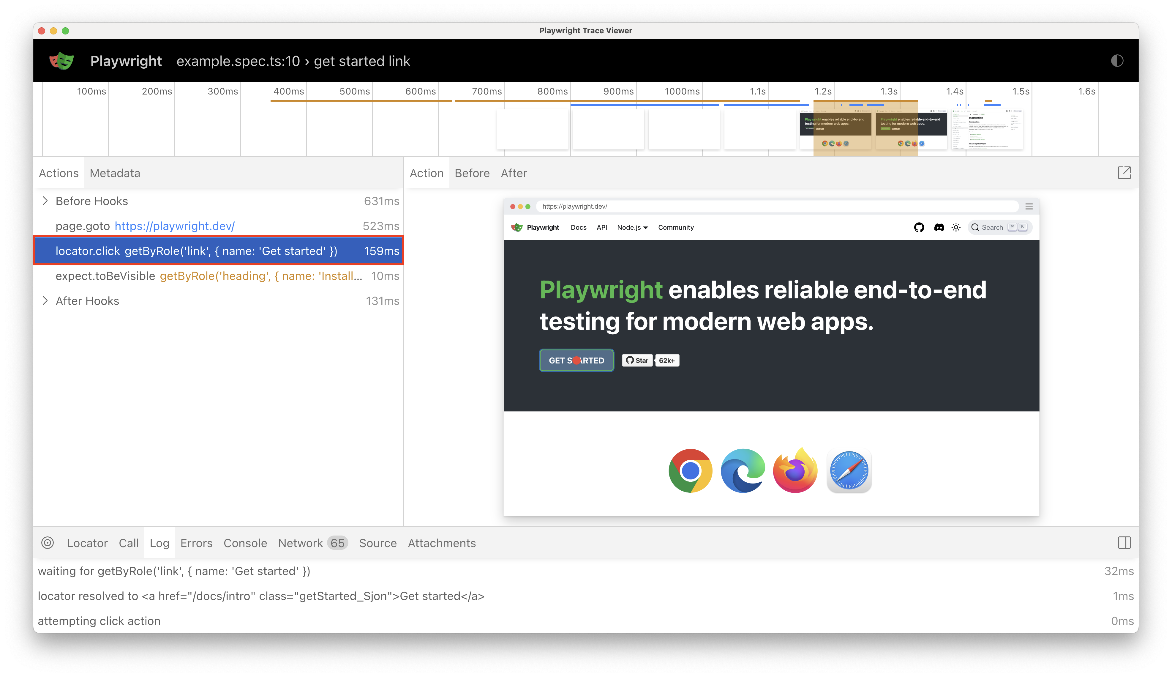 Screenshot che mostra le azioni eseguite durante l'esecuzione del test.