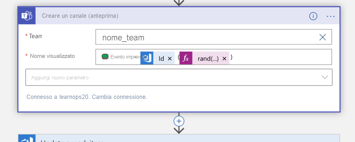 Screenshot del blocco Crea un canale nella visualizzazione Progettazione app per la logica dell'app per la logica.
