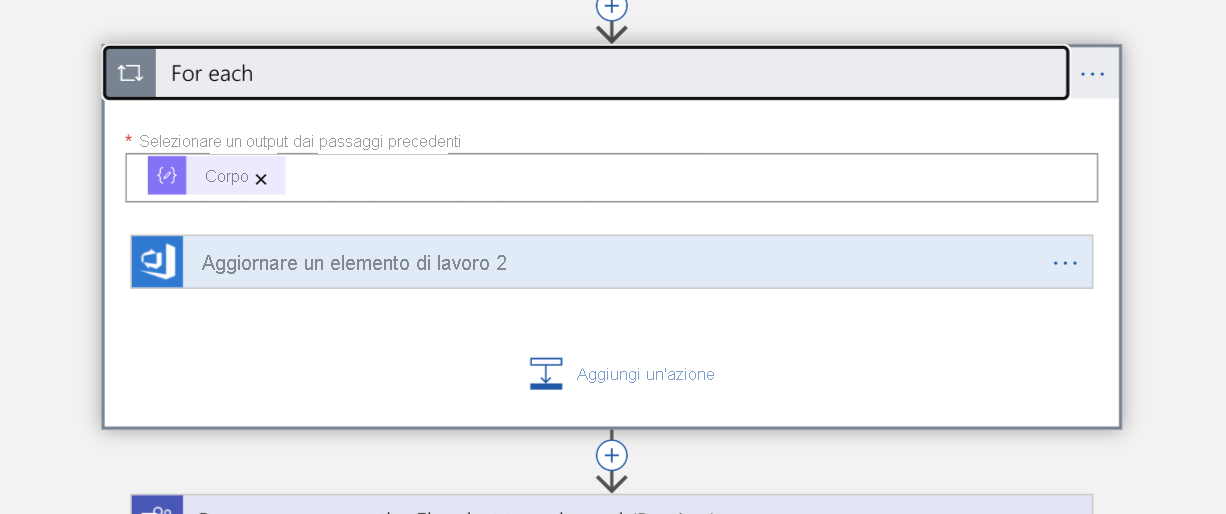 Screenshot del blocco Foreach nella visualizzazione Progettazione app per la logica dell'app per la logica.