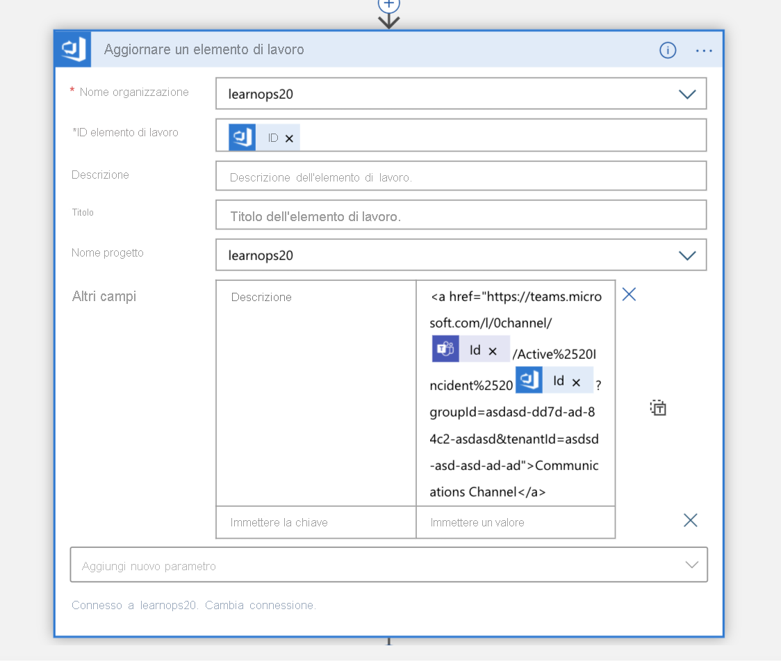 Screenshot del blocco Aggiorna elemento di lavoro nella visualizzazione Progettazione app per la logica dell'app per la logica.