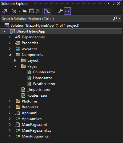 Screenshot of Visual Studio 2022 Solution Explorer with a list of the files in a default .NET MAUI Blazor project.