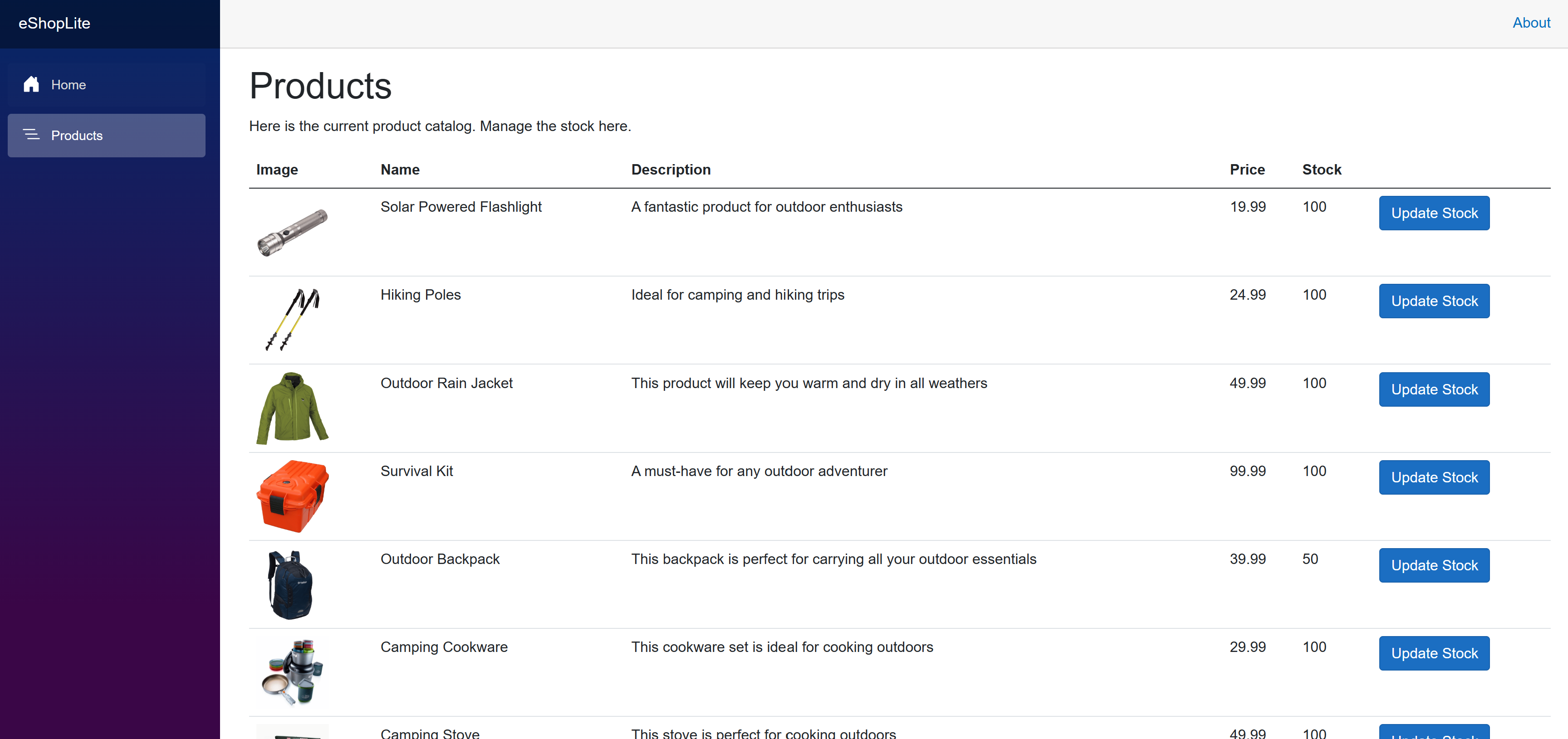 Screenshot che mostra la pagina Prodotti nell'app eShopLite. La pagina mostra un elenco di prodotti con nome, descrizione e prezzo e un pulsante per aggiornare le scorte.