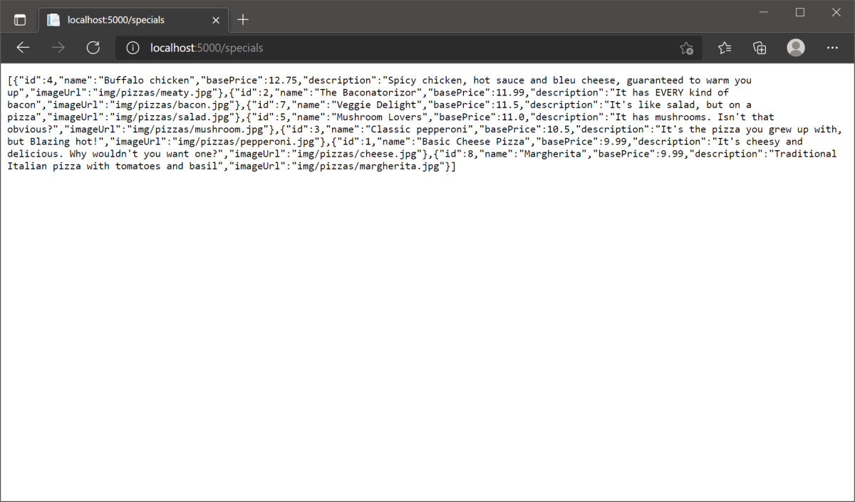 Screenshot showing the browser that shows JSON for pizzas.