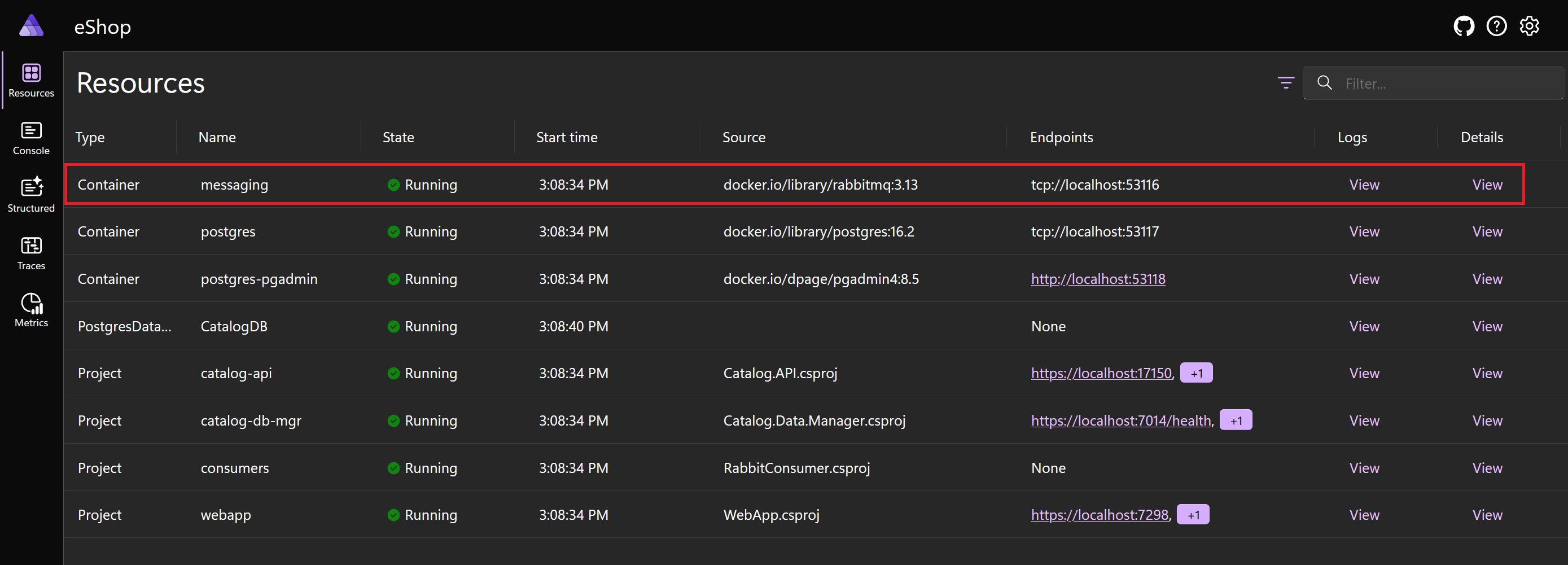 Screenshot che mostra un contenitore RabbitMQ visualizzato nel dashboard .NET Aspire.