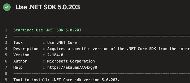 Screenshot of Azure Pipelines showing the .NET SDK task running in the pipeline.