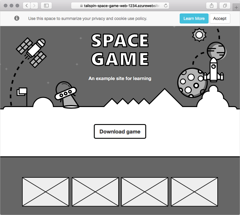 Screenshot del Web browser che mostra il sito Web di Space Game.