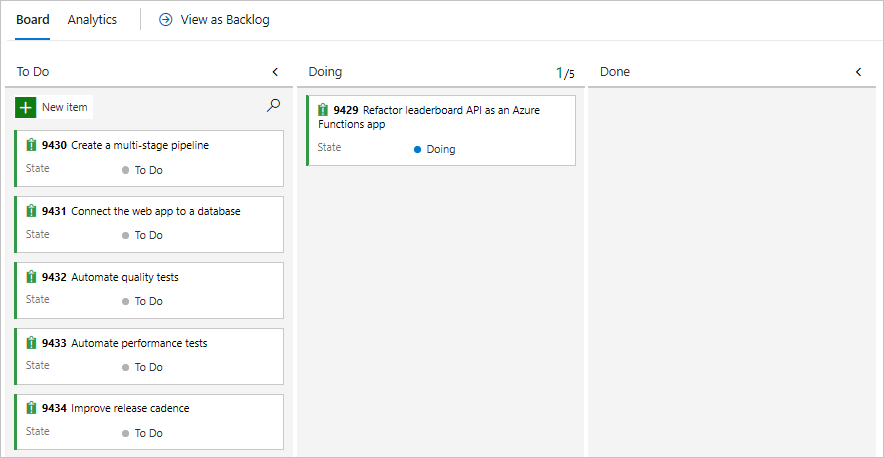 Screenshot di Azure Boards con indicata la scheda dell'elemento di lavoro nella colonna Operazione in corso.