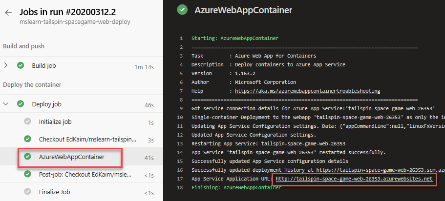 Screenshot di Azure Pipelines che mostra la posizione dell'URL del sito web.