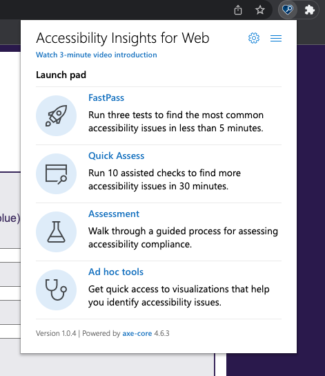Screenshot del riquadro di avvio di Accessibility Insights che mostra le quattro opzioni disponibili: FastPass, Valutazione rapida, Valutazione e Strumenti ad hoc.