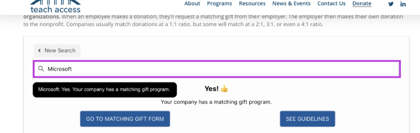 Screenshot che mostra una barra di ricerca nella pagina delle donazioni di Teach Access che visualizza una query.