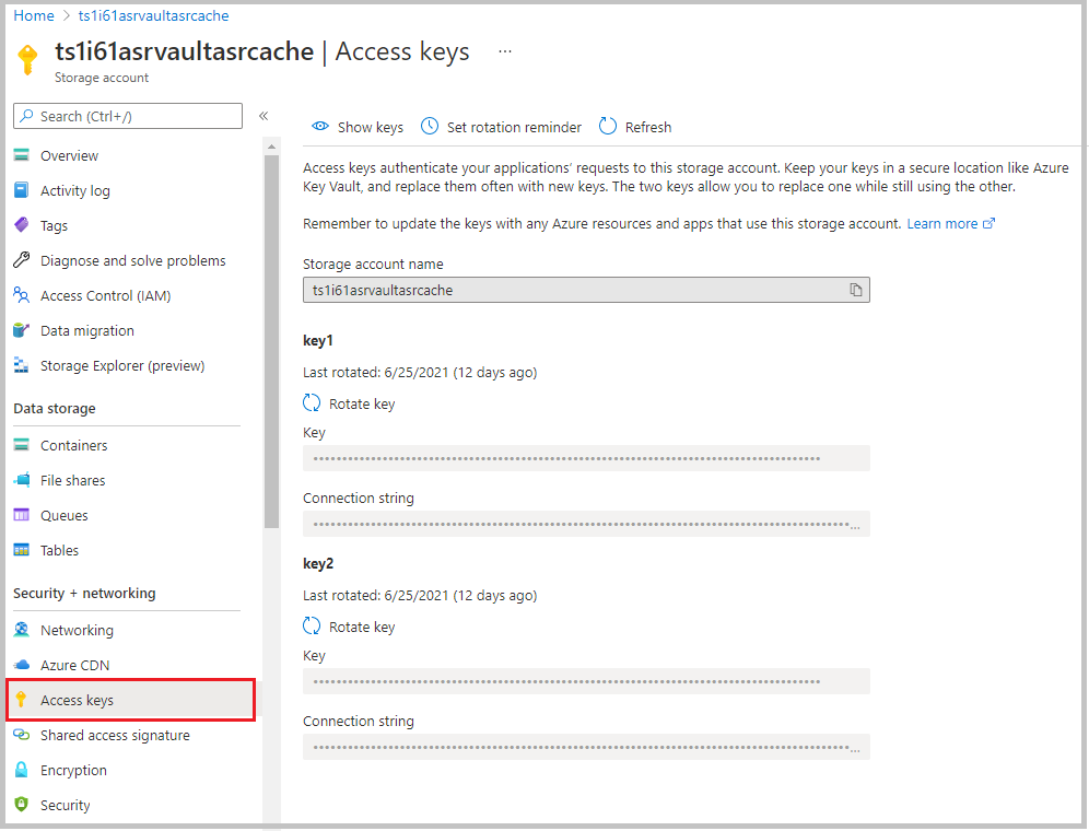 Screenshot showing the access keys in the Azure portal.