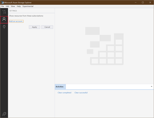Screenshot che illustra la gestione degli account in Storage Explorer.